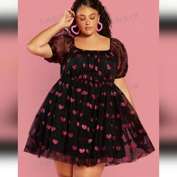 Plus Size Puff Sleeve Love Mesh Dress - Picture 3 of 9